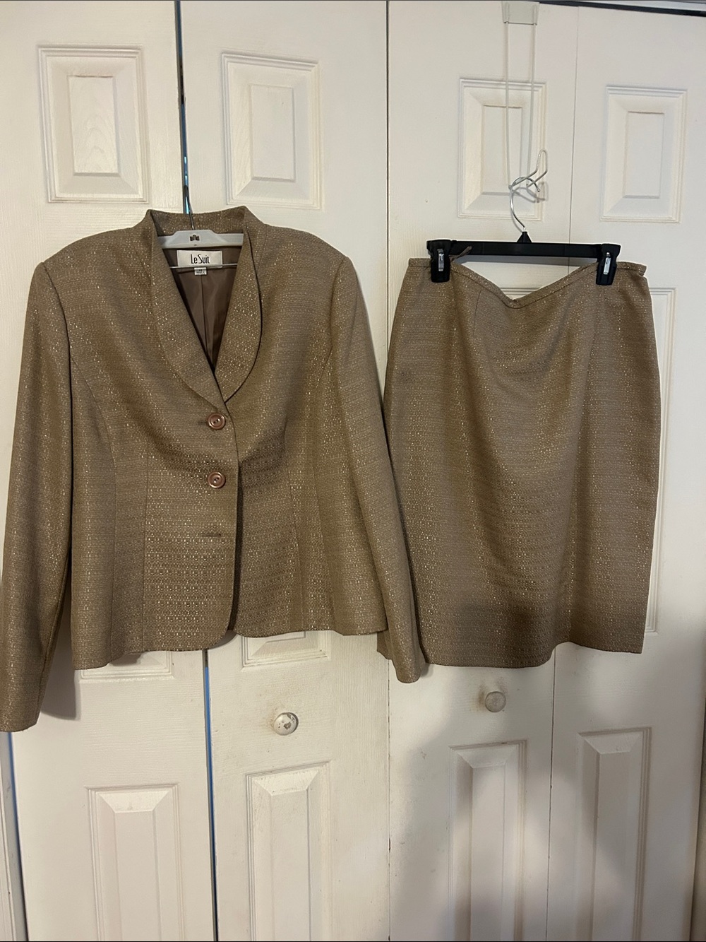 Le Suit Shimmery Taupe Two-Piece Skirt Suit. Size 14